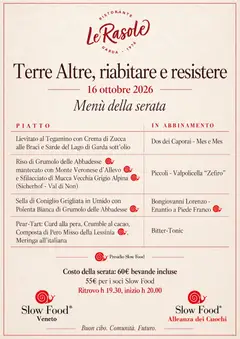 Locandina Terre Altre, riabitare e resistere a Le Rasole, 16 ottobre 2026: menu e abbinamenti, ritrovo 19:30, cena 20:00. 60 € bevande incluse, 55 € per i soci Slow Food.