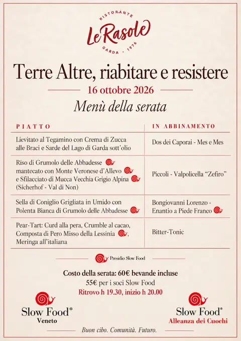 Locandina Terre Altre, riabitare e resistere a Le Rasole, 16 ottobre 2026: menu e abbinamenti, ritrovo 19:30, cena 20:00. 60 € bevande incluse, 55 € per i soci Slow Food.