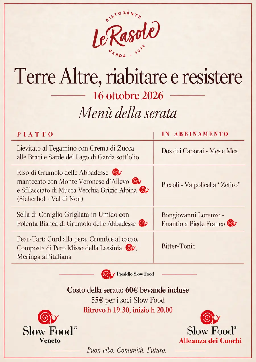 Locandina Terre Altre, riabitare e resistere a Le Rasole, 16 ottobre 2026: menu e abbinamenti, ritrovo 19:30, cena 20:00. 60 € bevande incluse, 55 € per i soci Slow Food.