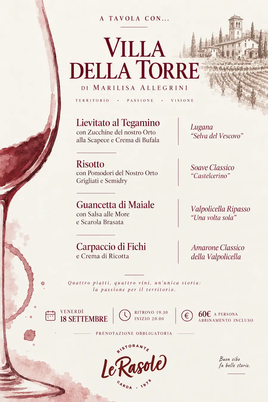 Locandina A Tavola con Villa Della Torre di Marilisa Allegrini, 18 settembre 2026 a Le Rasole: quattro piatti e quattro vini, 60 € a persona.