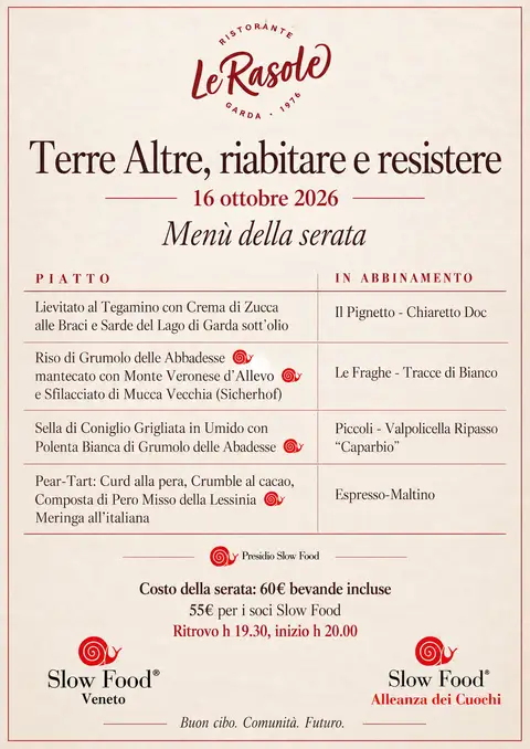 Locandina Terre Altre, riabitare e resistere a Le Rasole, 16 ottobre 2026: menu e abbinamenti, ritrovo 19:30, cena 20:00. 60 € bevande incluse, 55 € per i soci Slow Food.