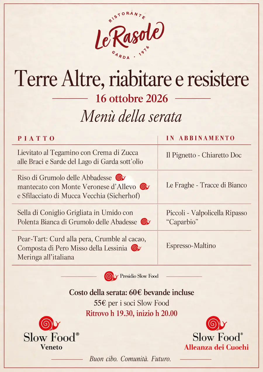 Locandina Terre Altre, riabitare e resistere a Le Rasole, 16 ottobre 2026: menu e abbinamenti, ritrovo 19:30, cena 20:00. 60 € bevande incluse, 55 € per i soci Slow Food.