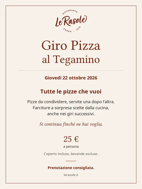 Poster for Giro Pizza al Tegamino at Le Rasole, Thursday 22 October 2026: unlimited pan-baked pizzas with surprise toppings, €25 per person, cover charge included and drinks extra.