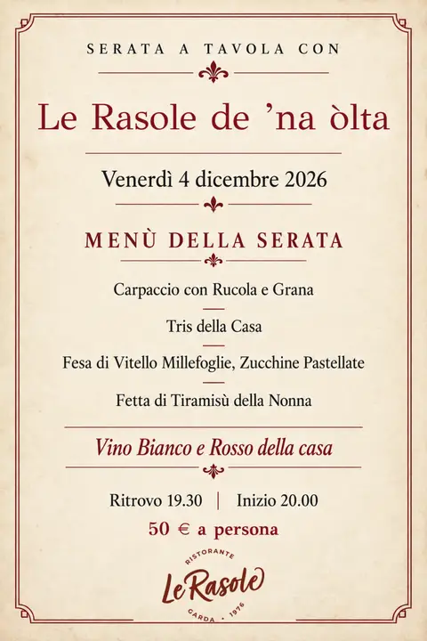 Locandina vintage di Le Rasole de ’na òlta: venerdì 4 dicembre 2026 a Garda, menù del passato, ritrovo 19:30, cena 20:00, 50 € a persona.
