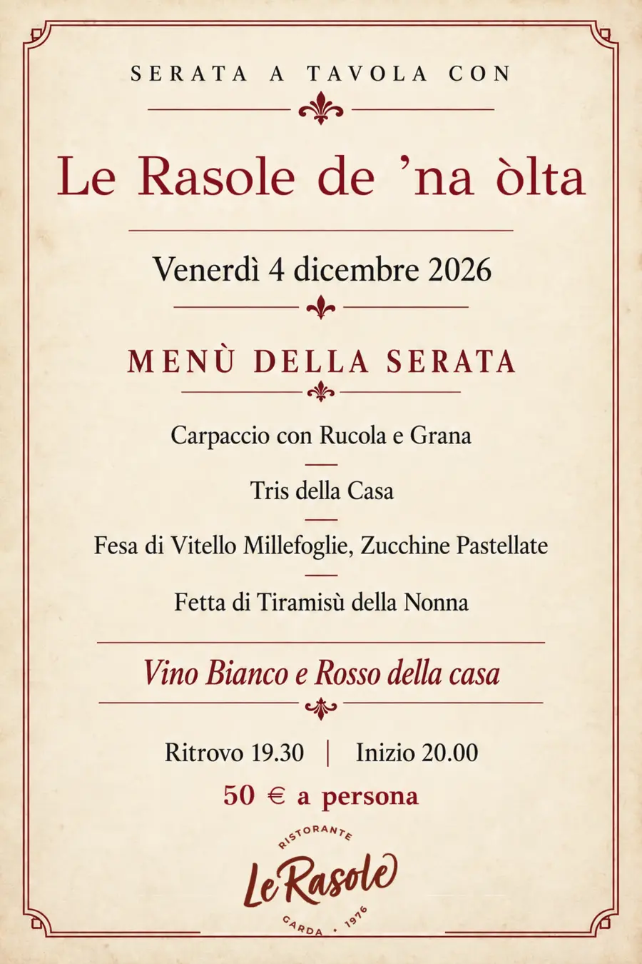 Locandina vintage di Le Rasole de ’na òlta: venerdì 4 dicembre 2026 a Garda, menù del passato, ritrovo 19:30, cena 20:00, 50 € a persona.